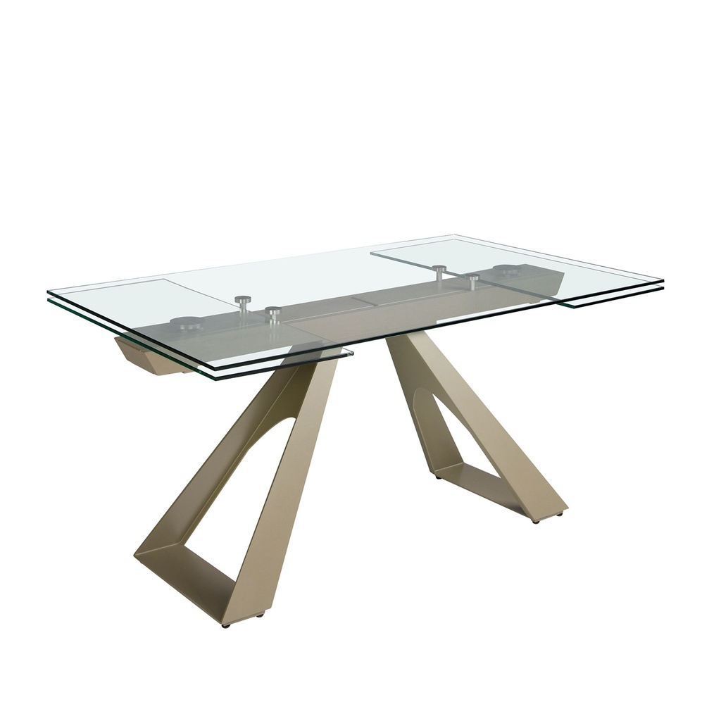 Rectangular tempered glass and champagne-coloured steel extending dining table