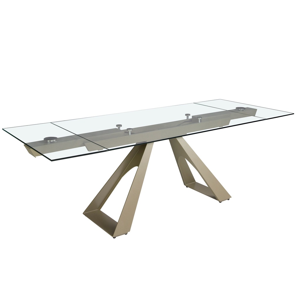 Rectangular tempered glass and champagne-coloured steel extending dining table