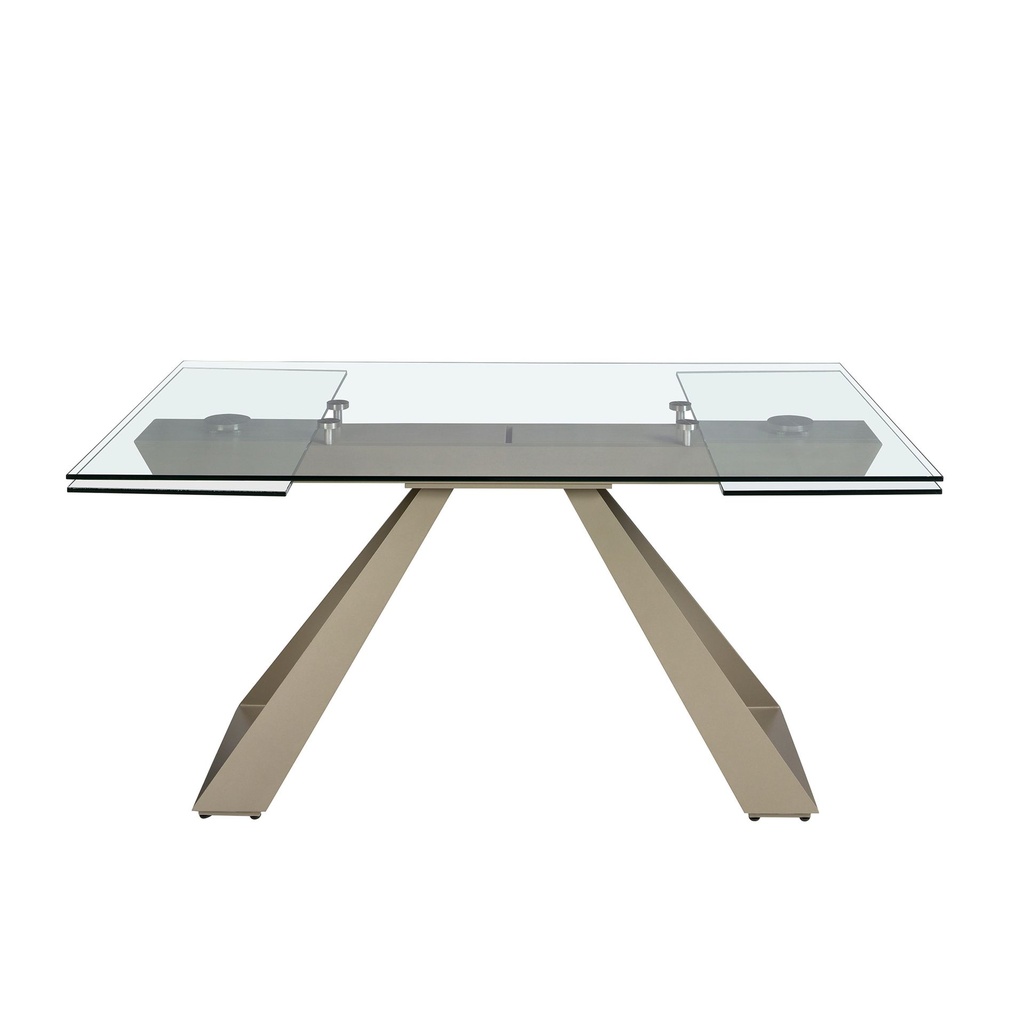 Rectangular tempered glass and champagne-coloured steel extending dining table