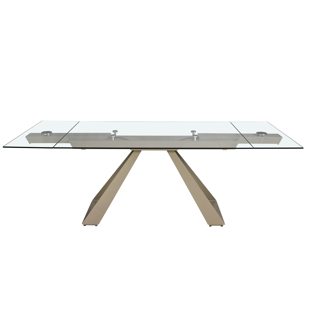 Rectangular tempered glass and champagne-coloured steel extending dining table