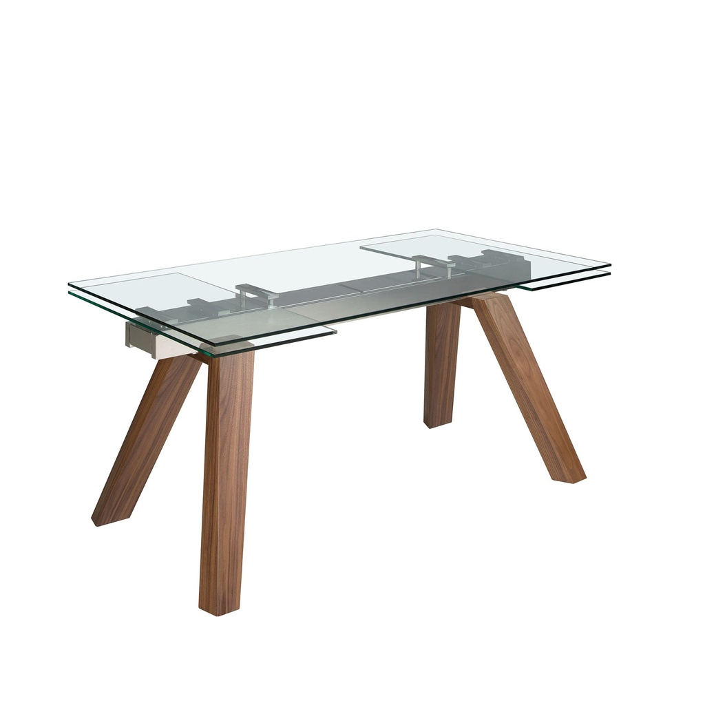 Rectangular tempered glass and walnut extending dining table