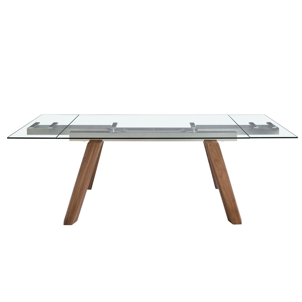 Rectangular tempered glass and walnut extending dining table
