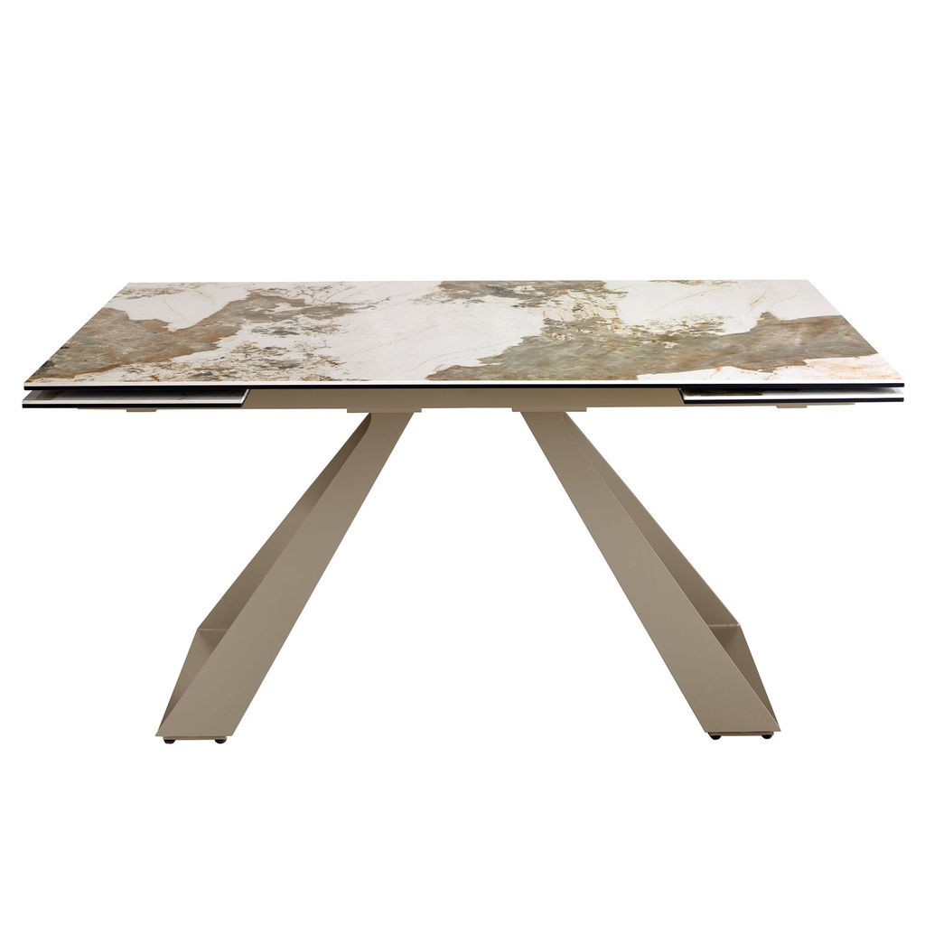 Rectangular porcelain marble and champagne-coloured steel extending dining table