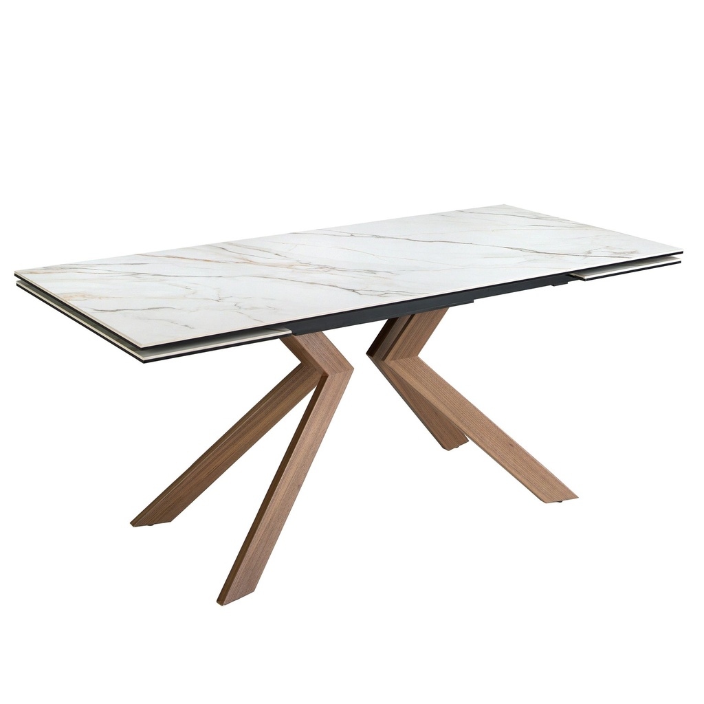 Rectangular extending dining table in porcelain marble and walnut effect steel