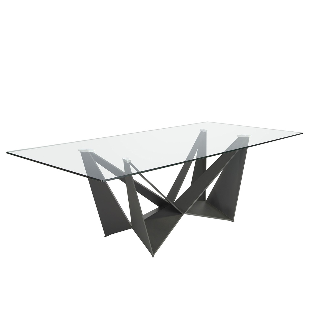 Rectangular tempered glass and black steel dining table