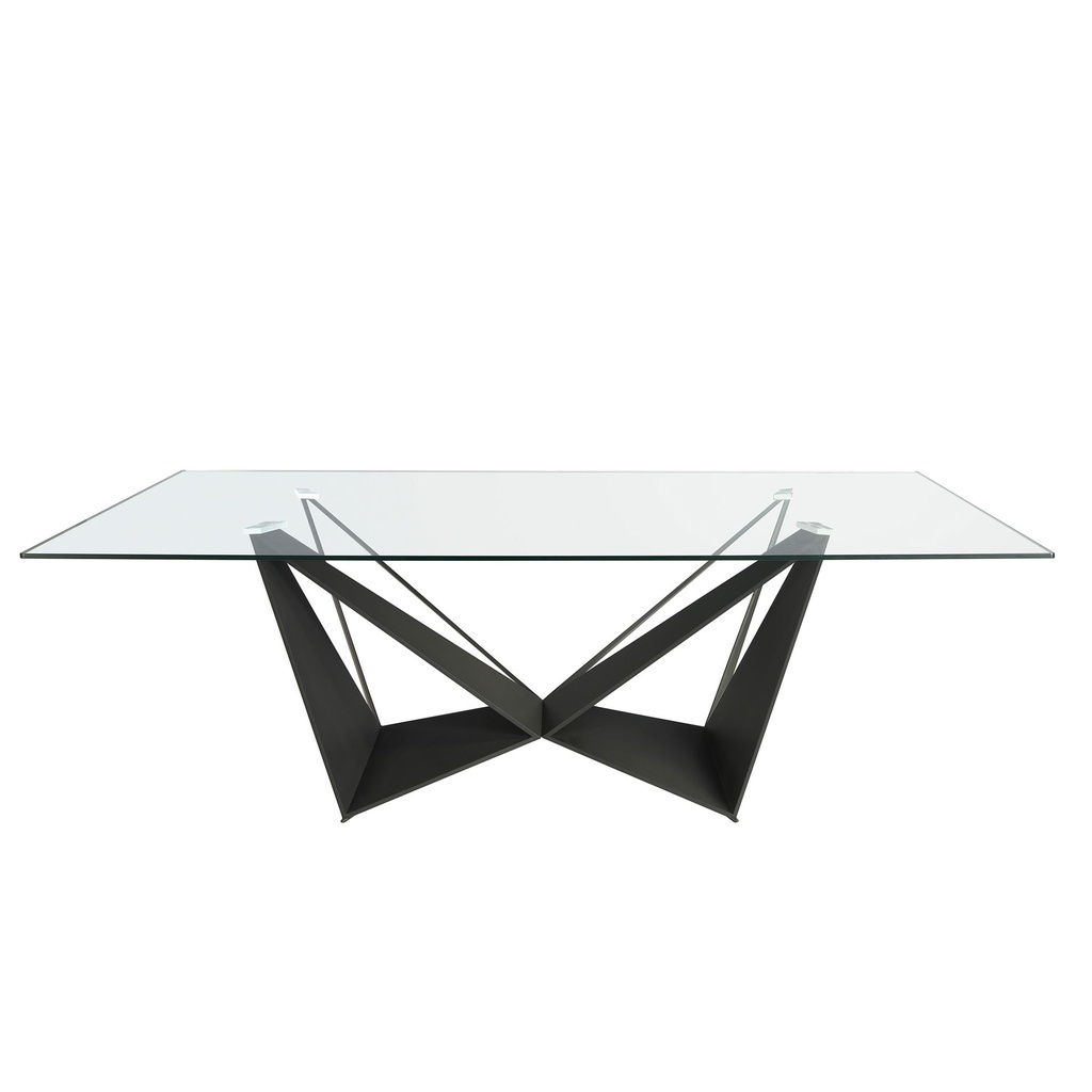 Rectangular tempered glass and black steel dining table