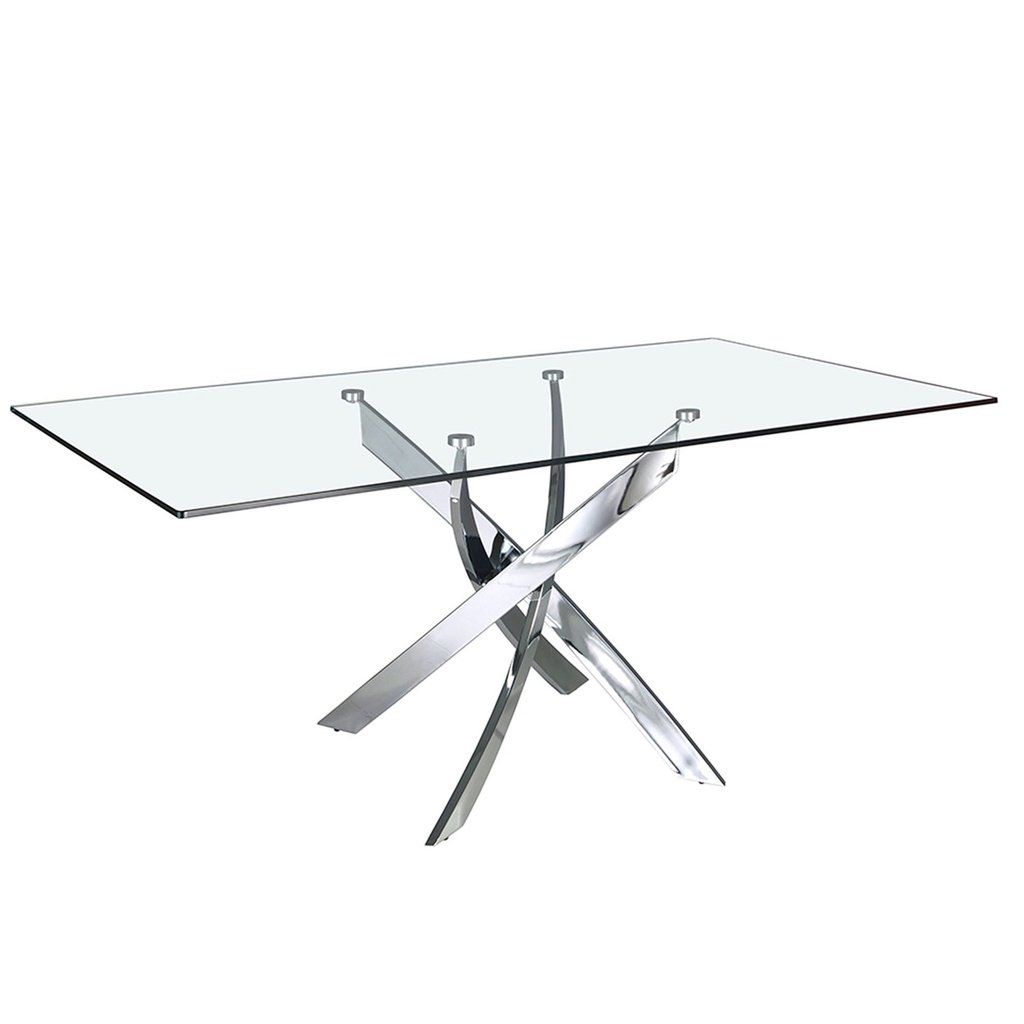 Rectangular tempered glass and chrome-plated steel dining table