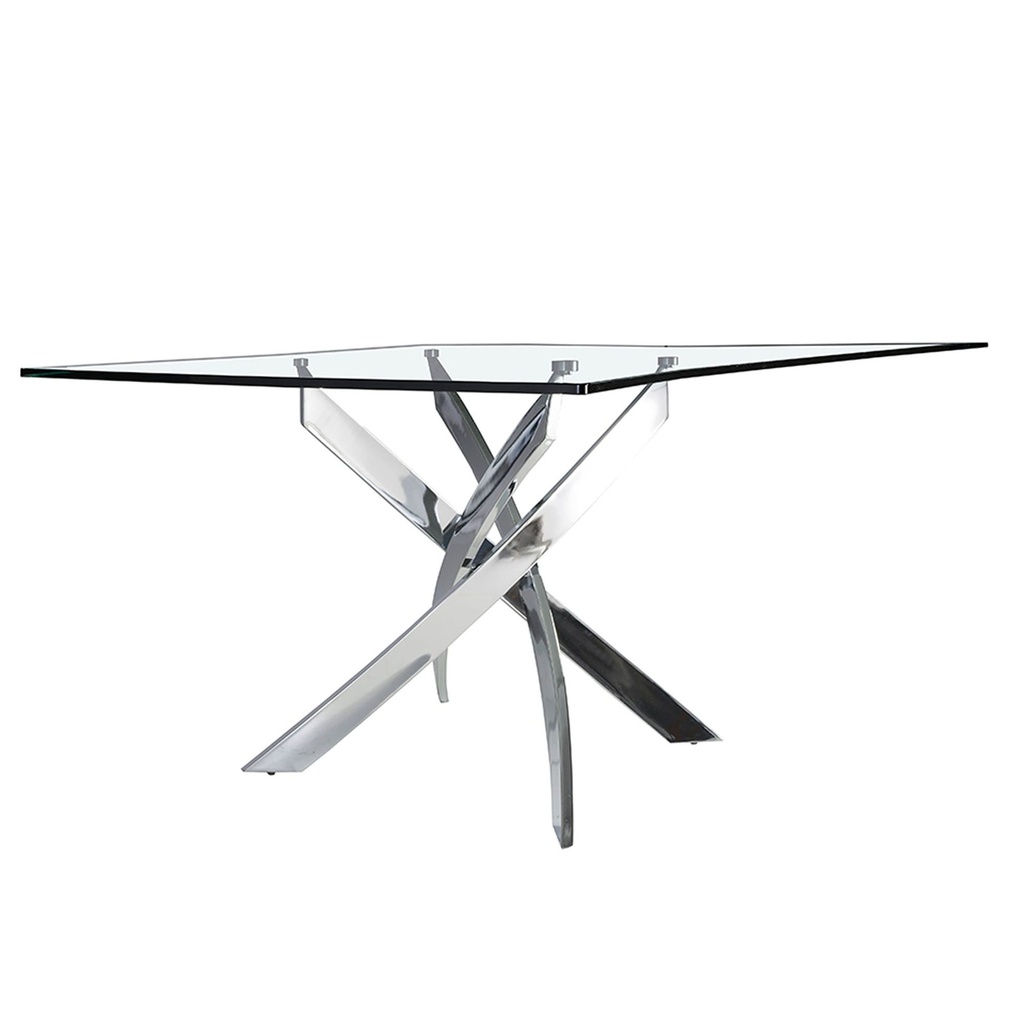 Rectangular tempered glass and chrome-plated steel dining table