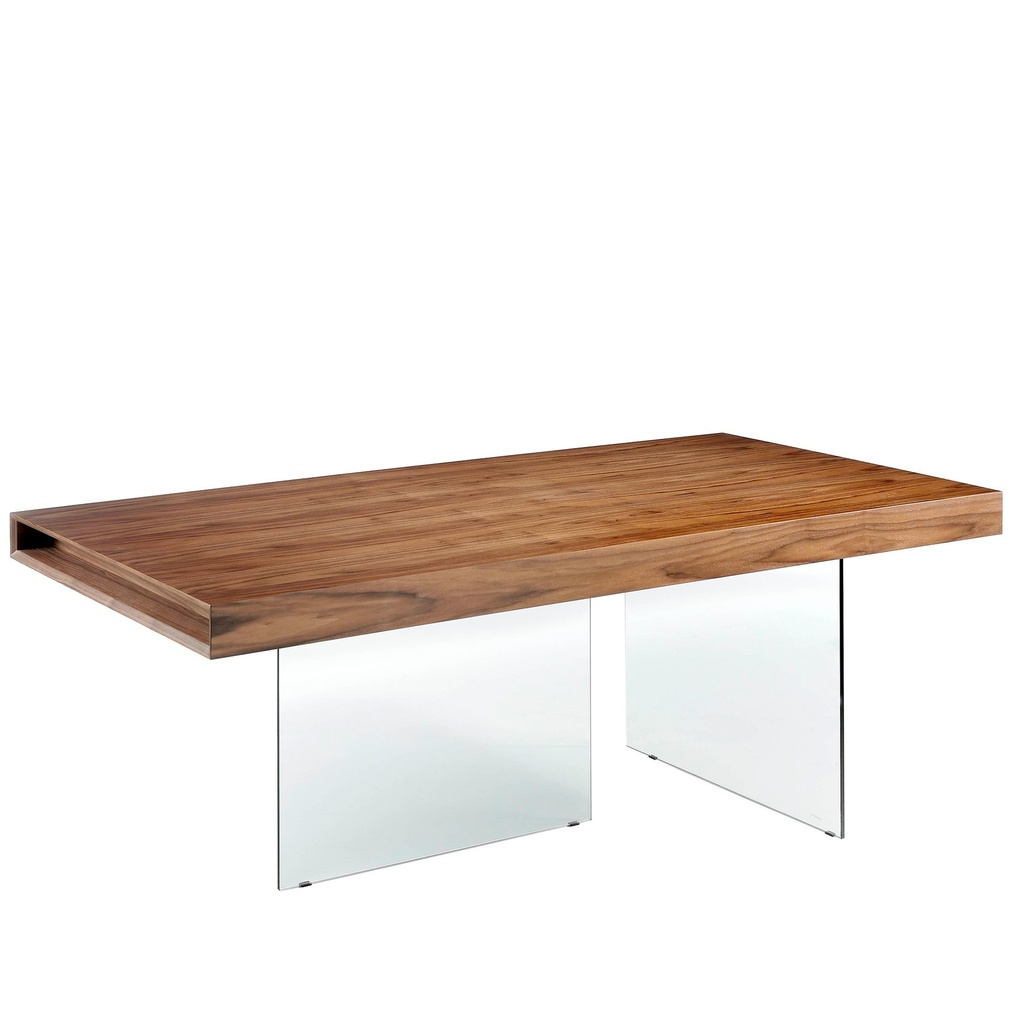 Rectangular walnut and tempered glass dining table