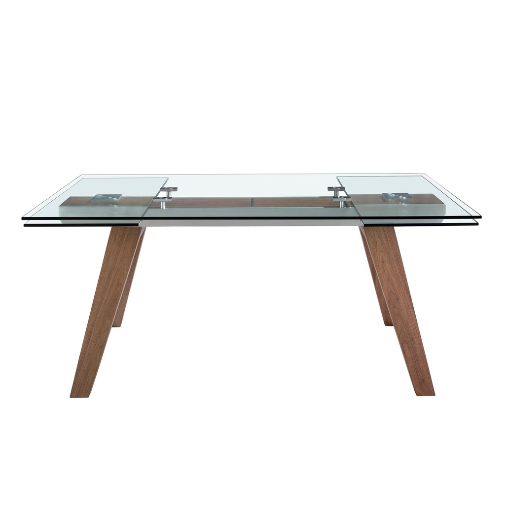 Rectangular tempered glass and walnut extending dining table