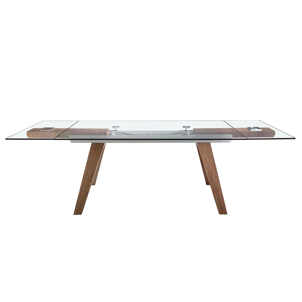 Rectangular tempered glass and walnut extending dining table