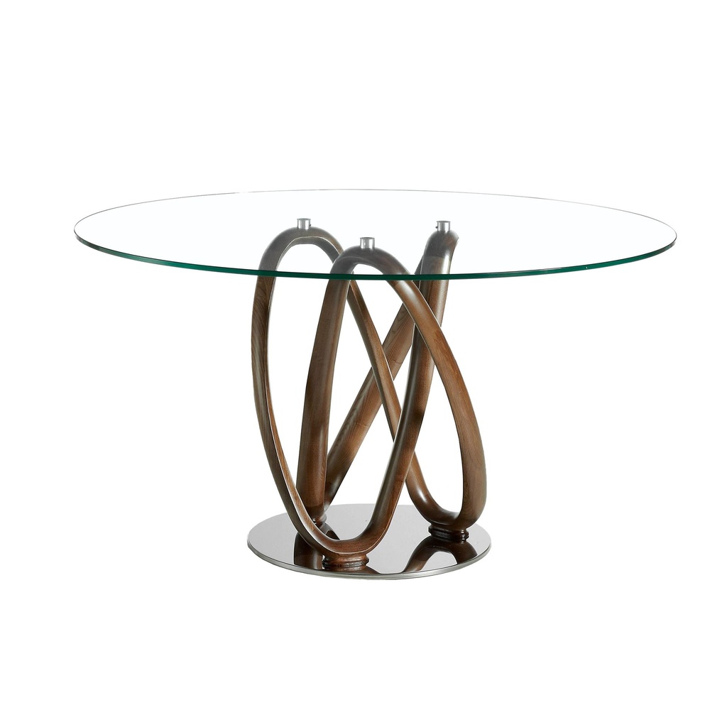 Round tempered glass and walnut dining table