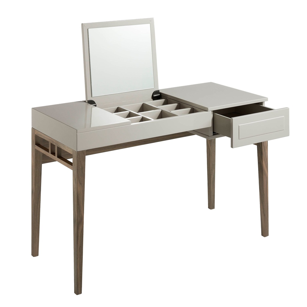 Grey wood and walnut dressing table with mirror