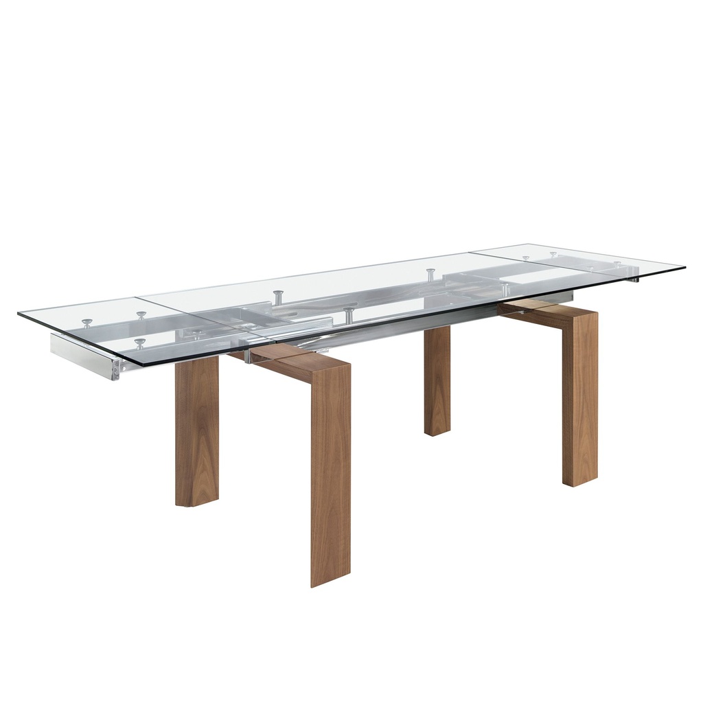 Mesa comedor extensible rectangular cristal templado y nogal