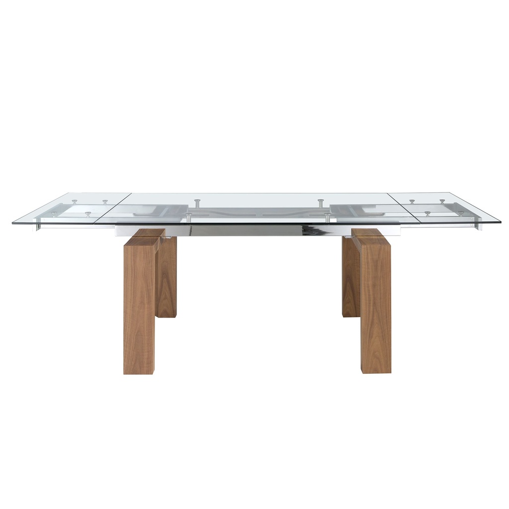 Mesa comedor extensible rectangular cristal templado y nogal