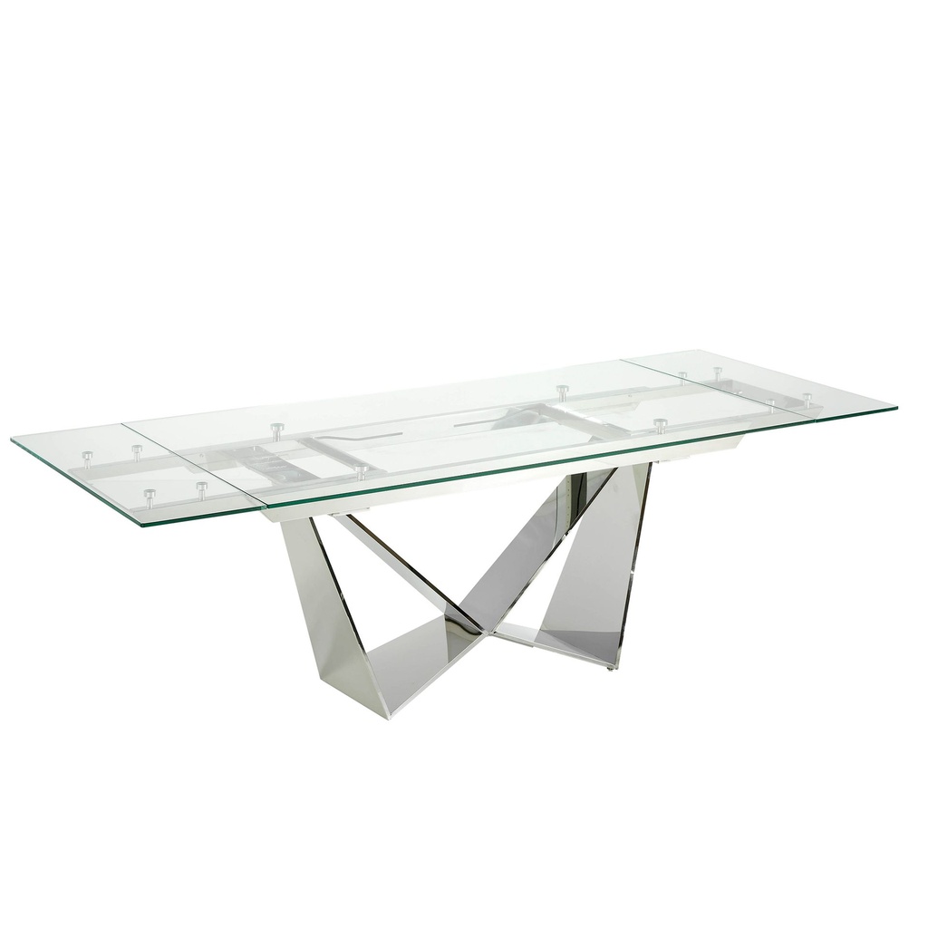 Rectangular tempered glass and chrome-plated steel extending dining table