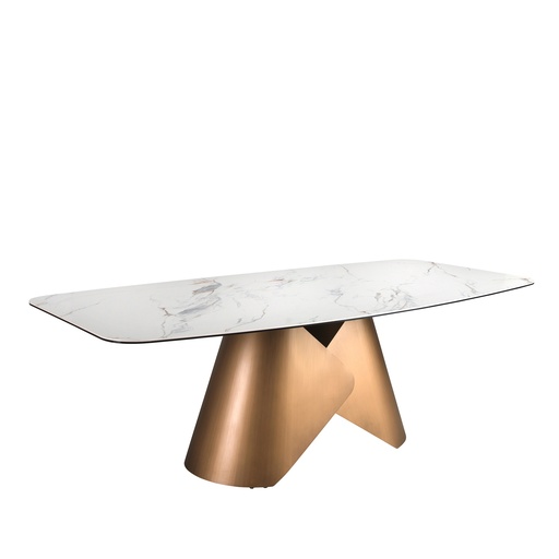 [1172] Oval dining table with porcelain marble barrel and bronze-coloured steel barrel