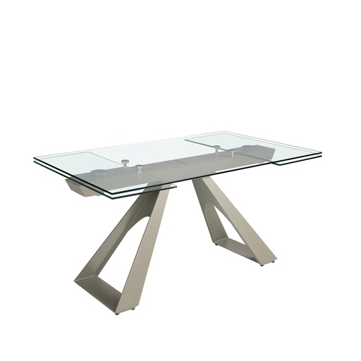 [1125] Mesa de jantar extensível retangular em vidro temperado e aço cinzento taupe