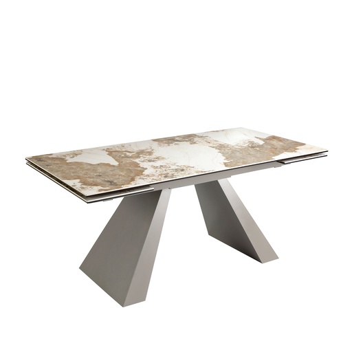 [1124] Rectangular extending dining table in porcelain marble and taupe grey steel