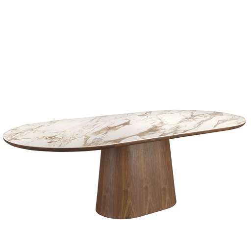 [1173] Porcelain marble and walnut half round oval dining table