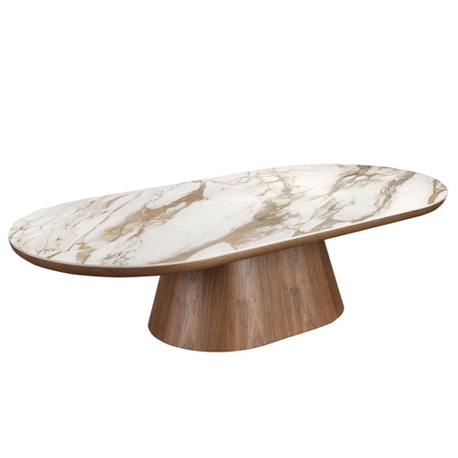 [2160] Porcelain marble and walnut oval half round coffee table