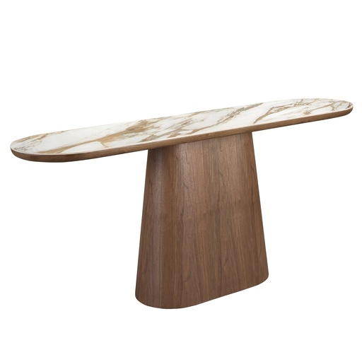 [3284] Porcelain marble and walnut half round oval console table