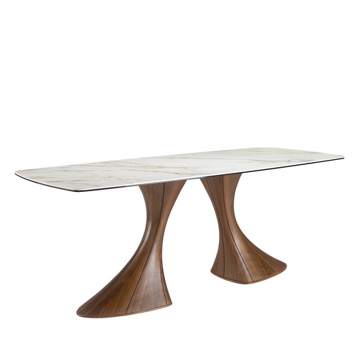 [1174] Mesa comedor ovalada barril mármol porcelánico y nogal