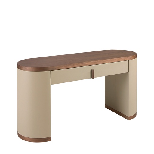 [7220] Coiffeuse en similicuir, noyer et bois recouvert de similicuir couleur vison