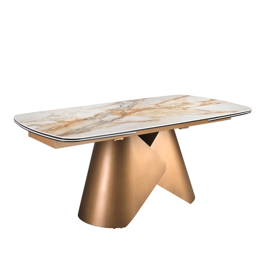 [1176] Oval barrel-shaped extendable dining table with porcelain marble top and bronze-coloured steel structure