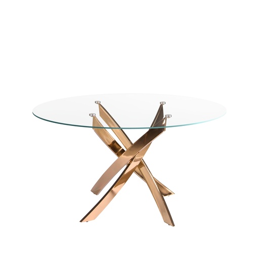 [1169-Ø130] Table de salle à manger ronde en verre trempé et acier rose