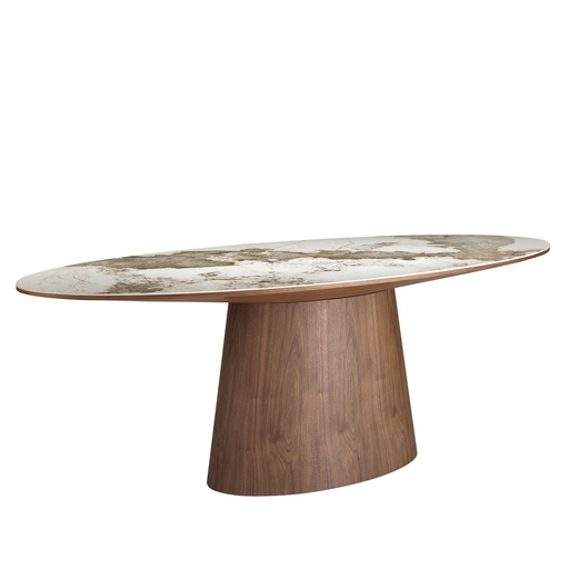 [1177] Table de salle à manger ovale en marbre en porcelaine et noyer
