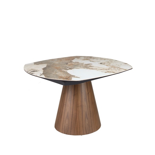 [1187] Oval barrel-shaped extendable dining table with porcelain marble top and walnut wood