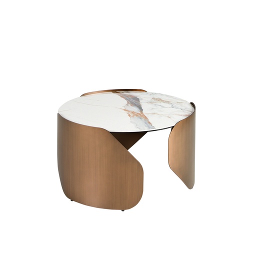 [2162] Table basse ronde en marbre porcelainé et acier couleur bronze