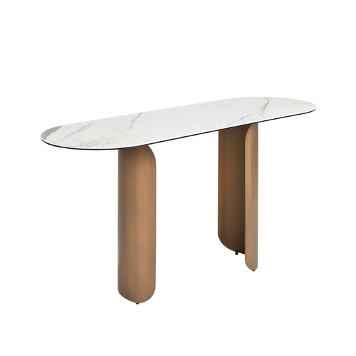 [3286] Oval half-round console table in porcelain marble and bronze-coloured steel