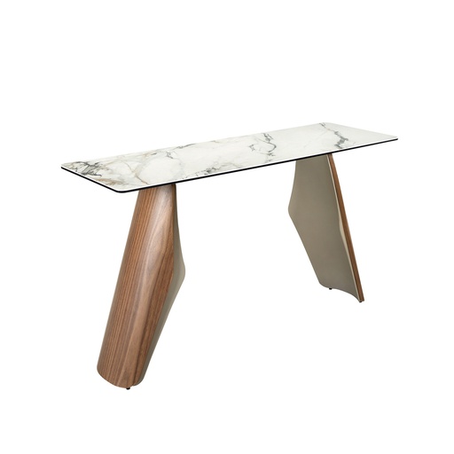 [3296] Rectangular console table in porcelain marble, metallic sand steel and walnut