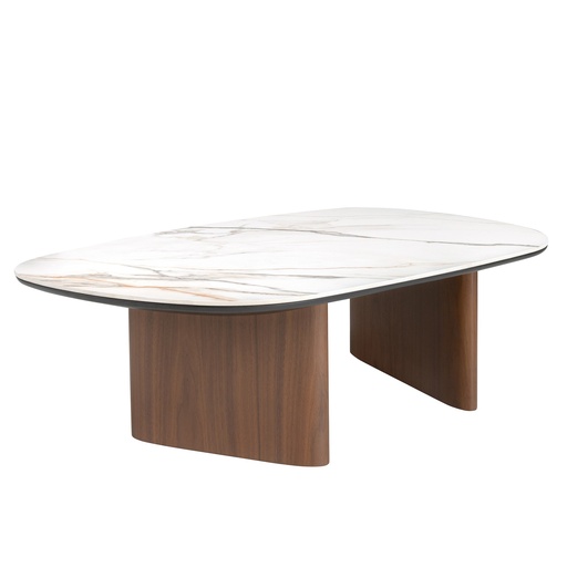 [2171] Organic-Shaped Porcelain Marble and Walnut Coffee Table