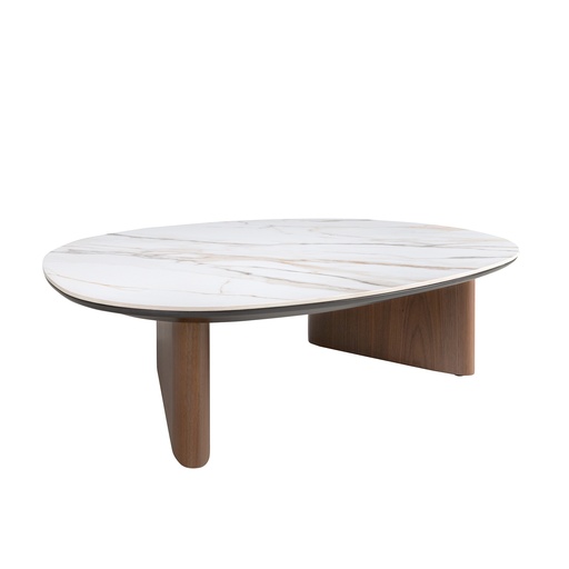 [2173] Organic-Shaped Porcelain Marble and Walnut Coffee Table