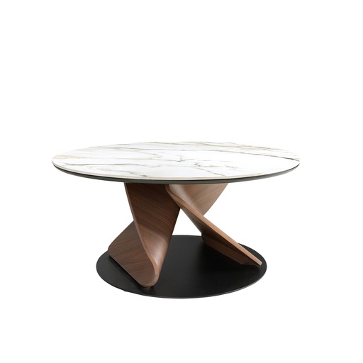 [2174] Round Porcelain Marble, Walnut and Black Steel Coffee Table