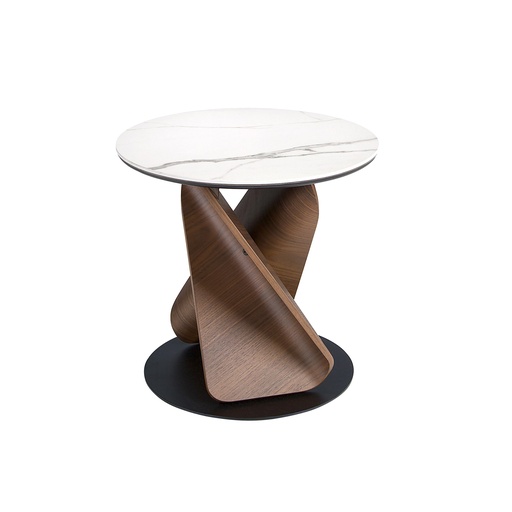 [2175] Round Porcelain Marble, Walnut and Black Steel Side Table