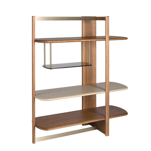 [3299] Right rectangular shelving unit in light walnut and greige-coloured wood
