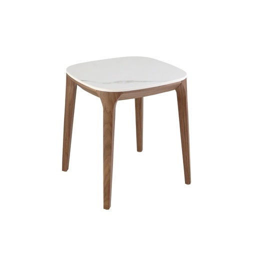 [2133] Kvadratna vogalna miza iz porcelanastega marmorja in oreha