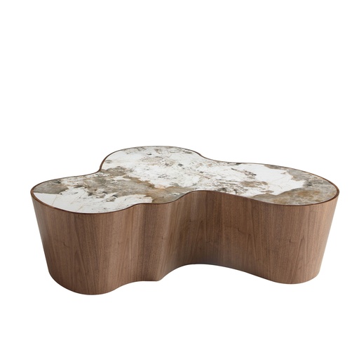 [2176] Organic-Shaped Porcelain Marble and Walnut Coffee Table