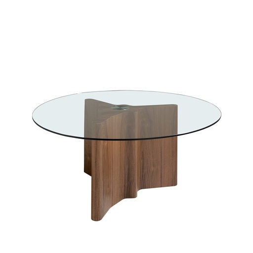 [1098] Round tempered glass and walnut dining table