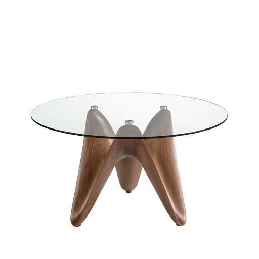 [1126-Ø150] Eettafel rond gehard glas en walnootkleurig hout