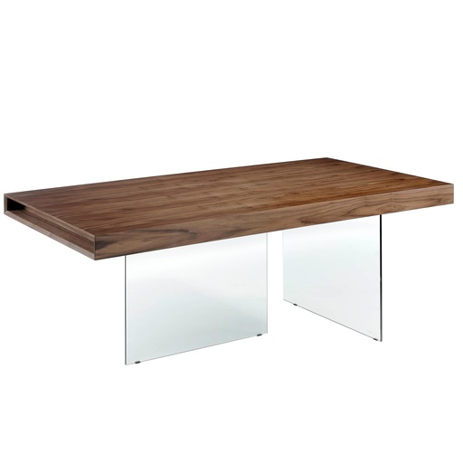[1028] Eettafel rechthoekig walnoot fineer en gehard glas