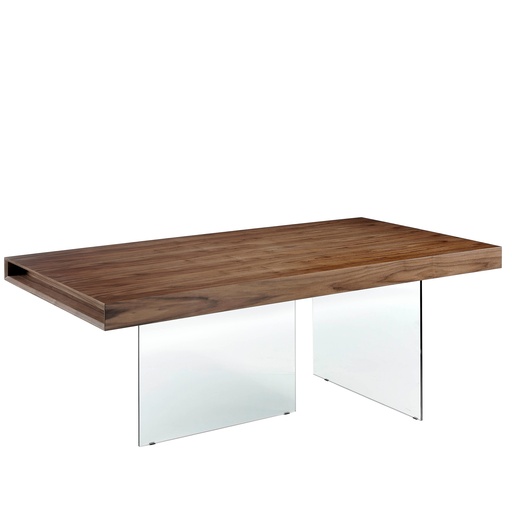 [1028] Rectangular walnut and tempered glass dining table