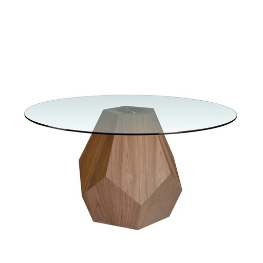 [1093] Eettafel rond gehard glas en walnoot fineer
