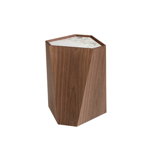 [2134] Porcelain marble and walnut triangular corner table