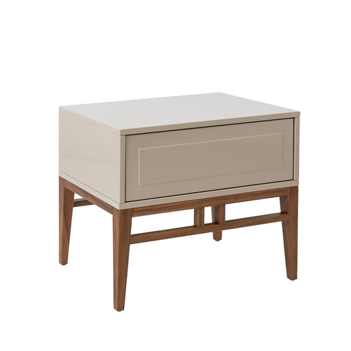 [7035] Beige and walnut wood bedside table