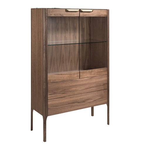 [3075] Walnut high sideboard with imitation marble glass top and interior lighting